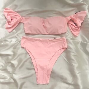 NWT Pink Bandeau Bikini Set Bow Swimsuit Tie Shoulder Top High Waist Bottoms
